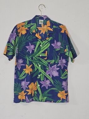 Vintage Hawaiian Shirt 🌺 Made in USA Tropical Floral Blue 90s Vibes